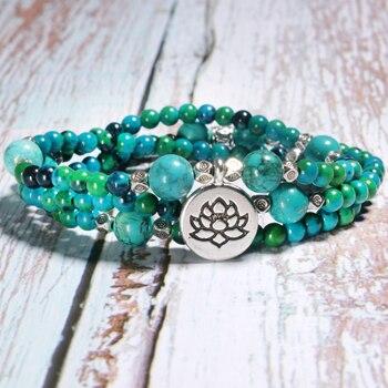 Boho Bracelet, Layers Blue Turquoise Mala Red Mantra Lotus