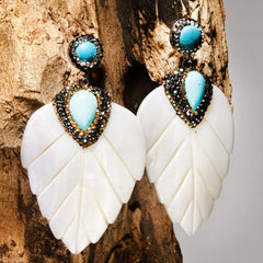 Boho Earrings, Dangle Earrings, Leaf White Shell
