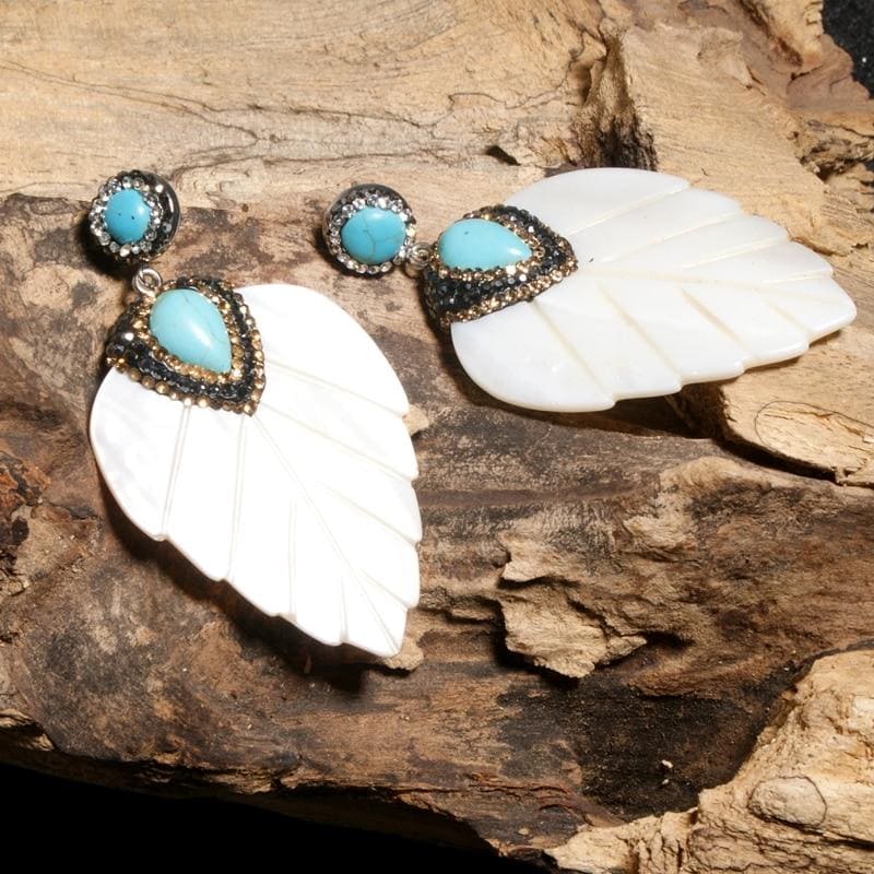 Boho Earrings, Dangle Earrings, Leaf White Shell