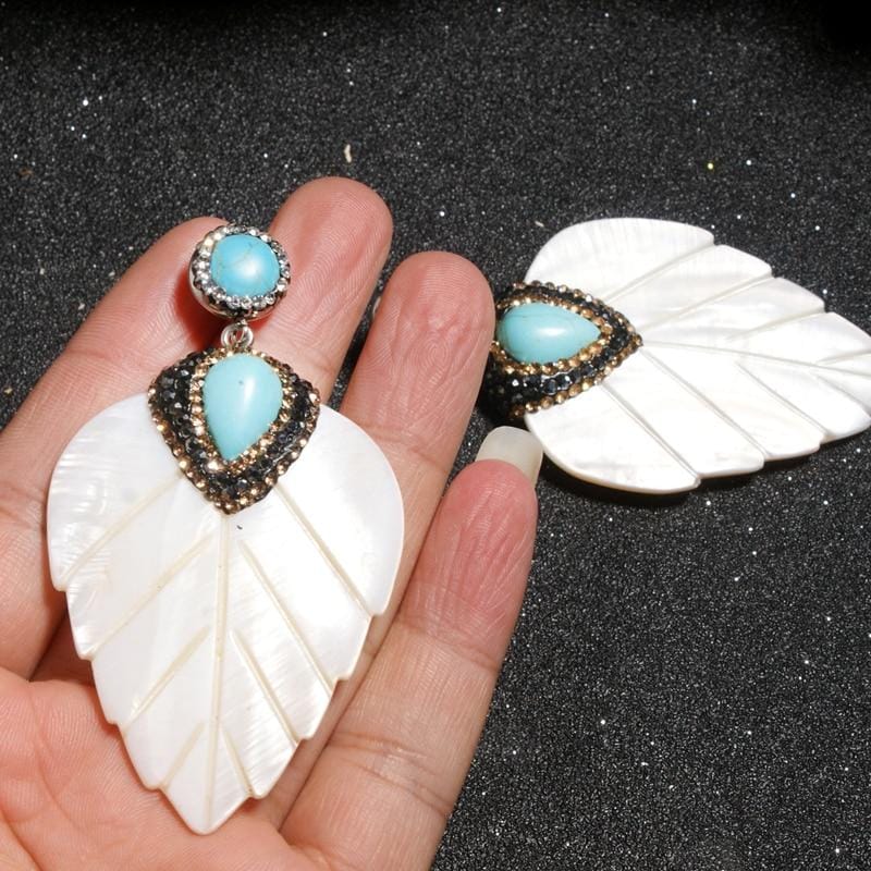 Boho Earrings, Dangle Earrings, Leaf White Shell