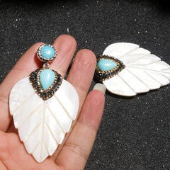 Boho Earrings, Dangle Earrings, Leaf White Shell