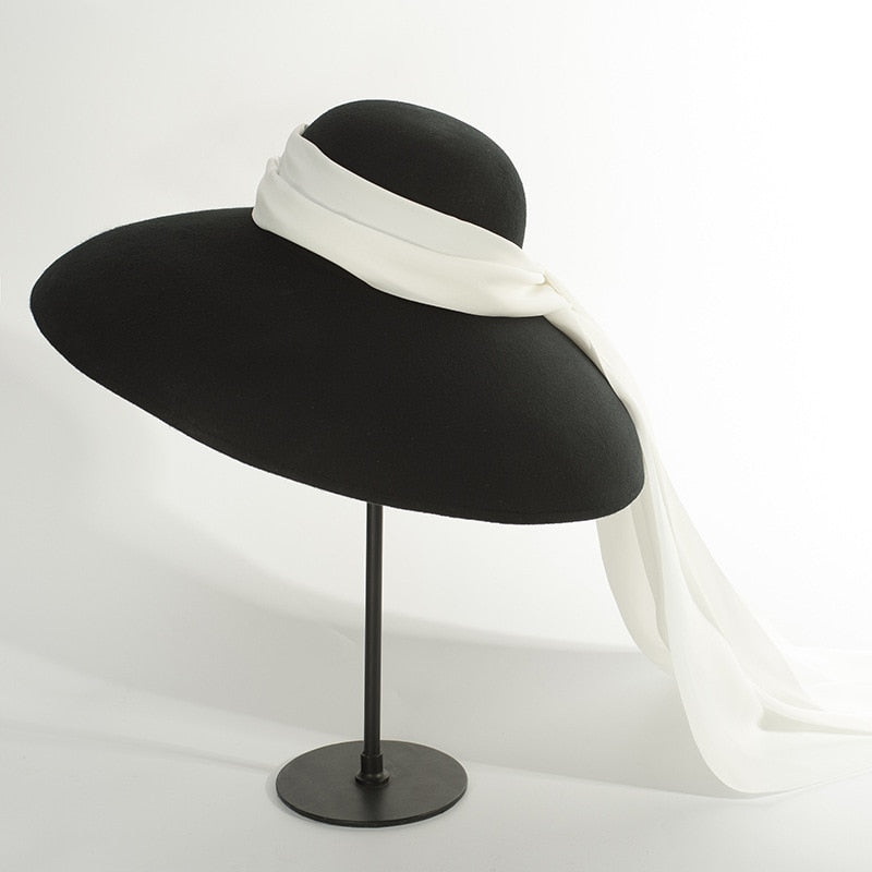 Boho Hat, Floppy Vintage Hat, Audrey Black Wool White Scraf