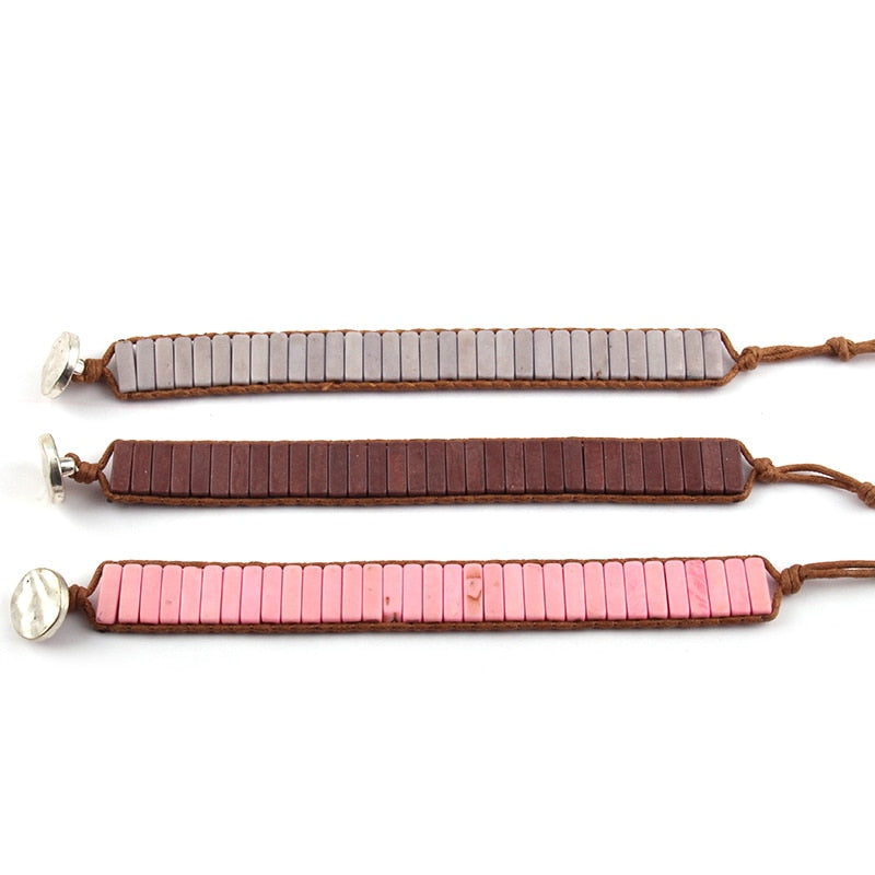 Boho Bracelet, RH Leather Wrap Bracelet, Blue White and Pink