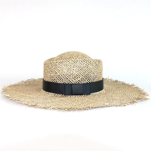Boho Hat, Sun Hat, Beach Hat, Wide Brim Seagrass Sun Hat, Black Ribbon