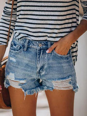 Ripped Raw Hem Denim Shorts