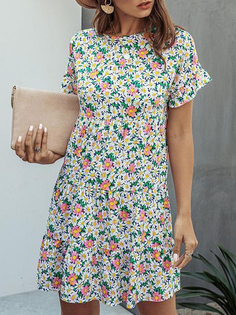 Round Neck Flower Print Mini Dress
