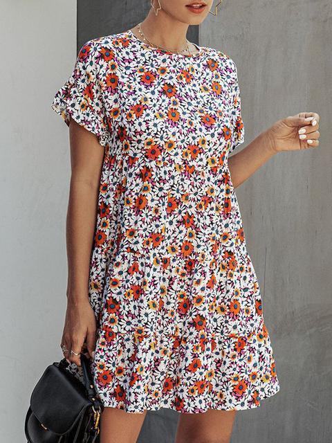 Round Neck Flower Print Mini Dress
