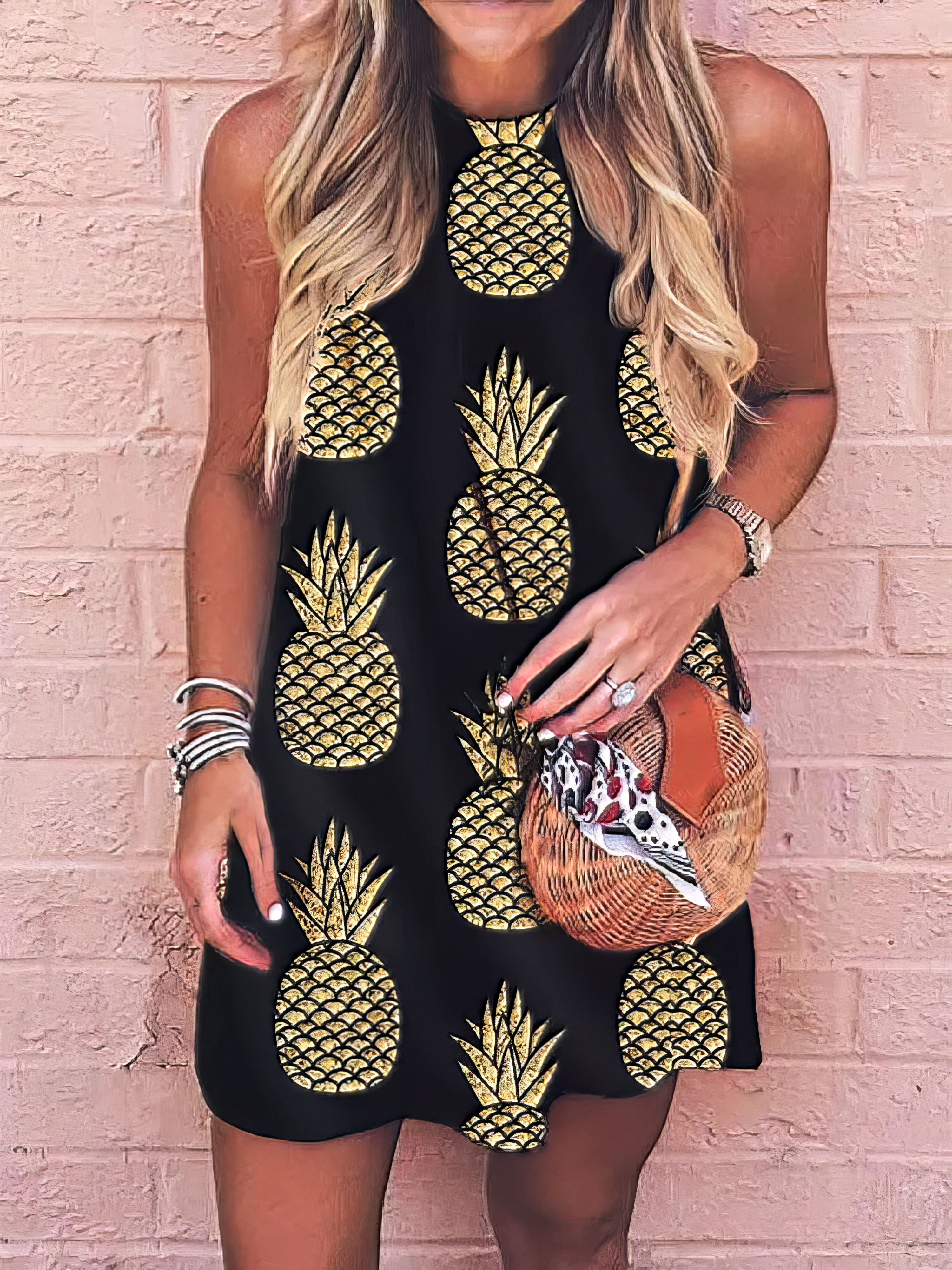 Round Neck Pineapple Print Suspender Dress