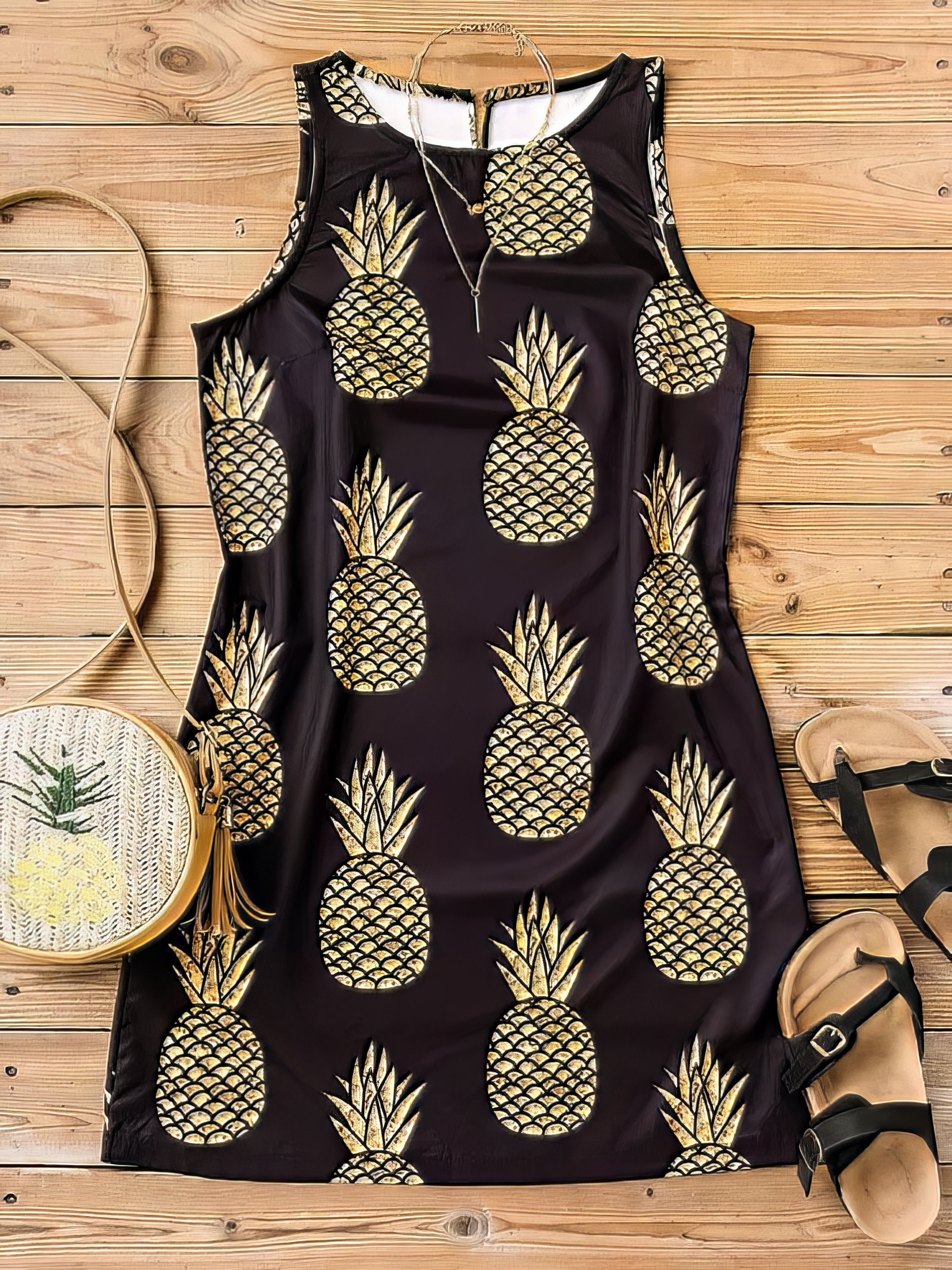Round Neck Pineapple Print Suspender Dress