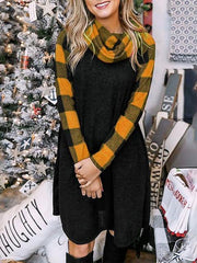 Round Neck Plaid Stitched Sweater Dress