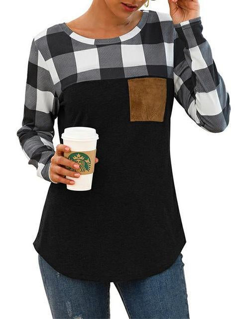 Round Neck Plaid Stitching Pocket Tops