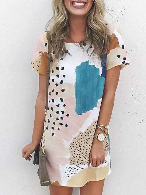 Round Neck Print Short Sleeve Dress