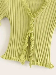 Ruffled Ribbed Cropped Cardigan