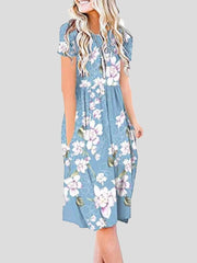 Short-sleeved Floral Print Mid-waist Midi Dress