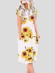 Short-sleeved Floral Print Mid-waist Midi Dress