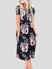 Short-sleeved Floral Print Mid-waist Midi Dress