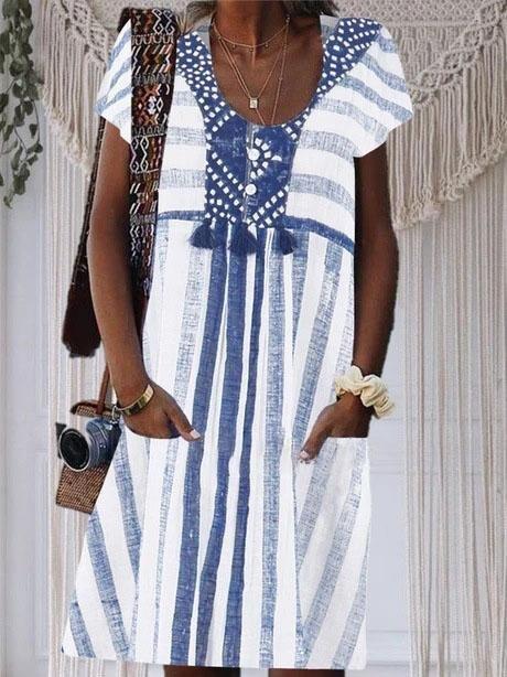 Short-sleeved Striped A-line V-neck Dress