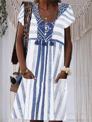 Short-sleeved Striped A-line V-neck Dress