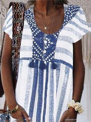 Short-sleeved Striped A-line V-neck Dress