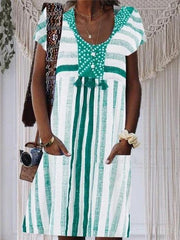Short-sleeved Striped A-line V-neck Dress