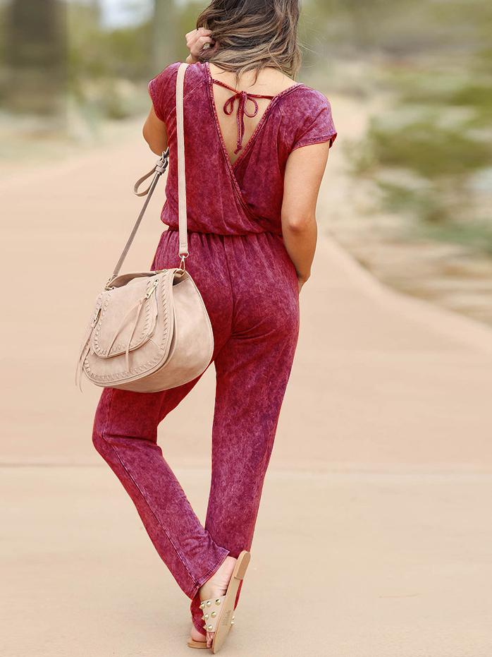 Short-sleeved Tie Waist Slimming Casual Jumpsuit
