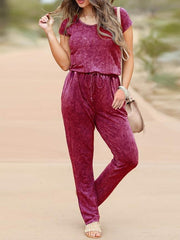 Short-sleeved Tie Waist Slimming Casual Jumpsuit