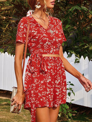 Short-sleeved V-neck Floral Print Two-piece Suit