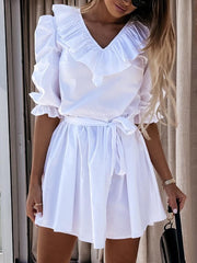 Short-sleeved V-neck Ruffled Lace-up Pleated Skirt