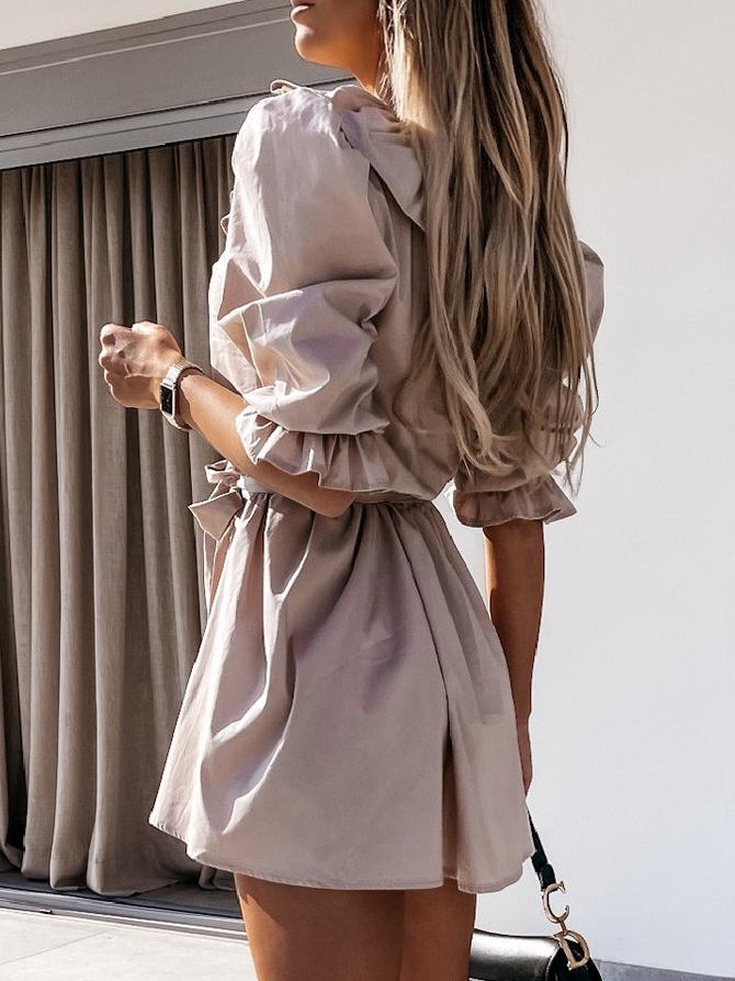 Short-sleeved V-neck Ruffled Lace-up Pleated Skirt