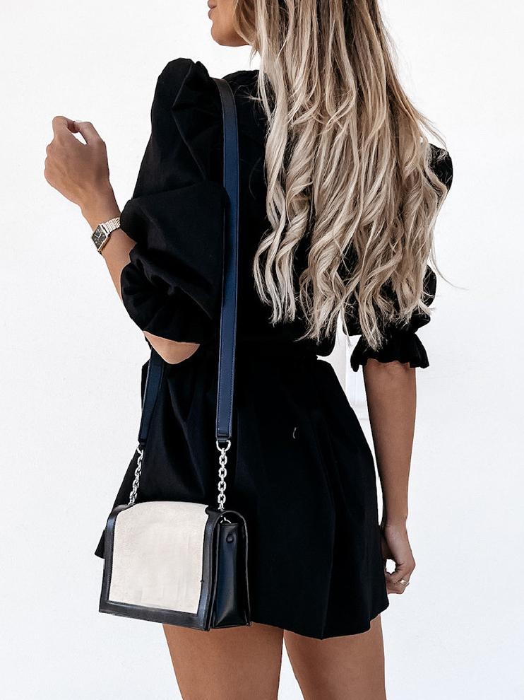 Short-sleeved V-neck Ruffled Lace-up Pleated Skirt