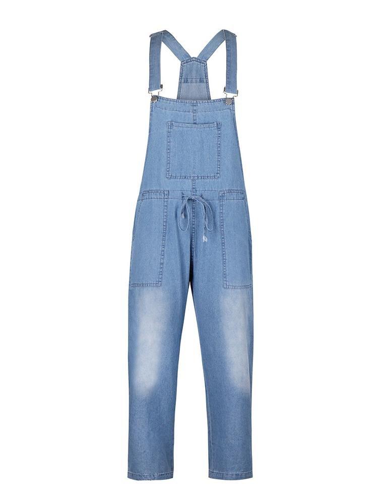 Simple Casual Drawstring Pocket Denim Jumpsuit