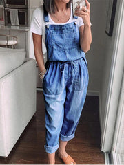 Simple Casual Drawstring Pocket Denim Jumpsuit