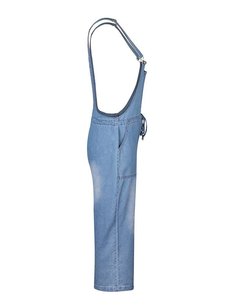Simple Casual Drawstring Pocket Denim Jumpsuit