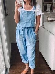 Simple Casual Drawstring Pocket Denim Jumpsuit