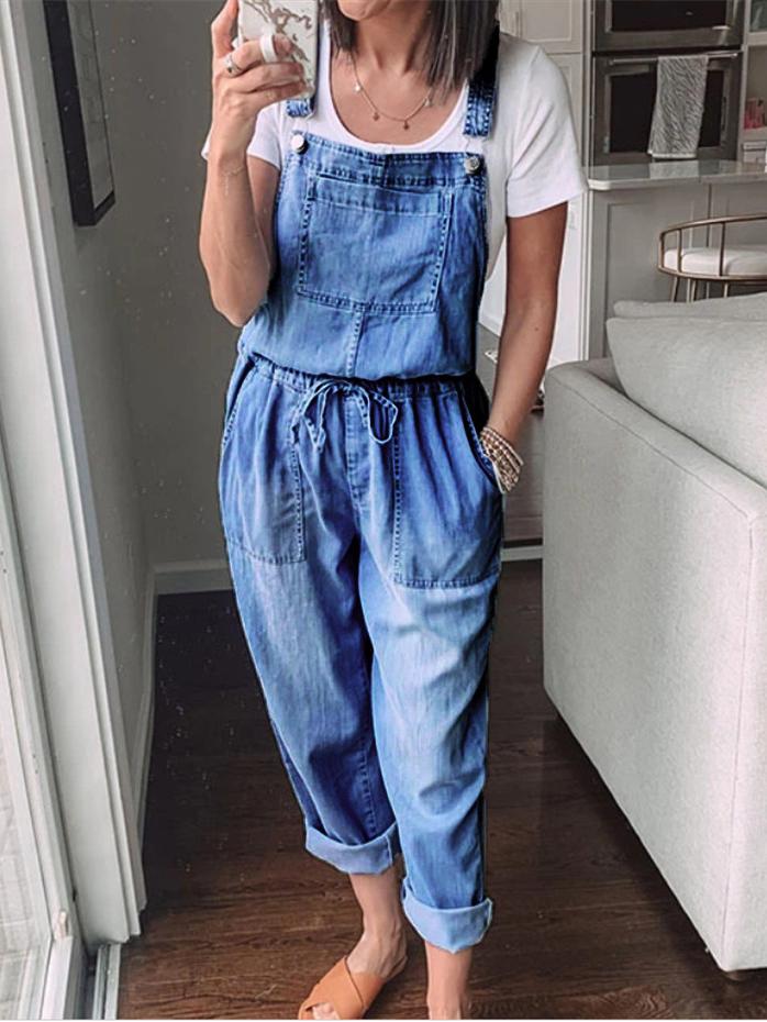 Simple Casual Drawstring Pocket Denim Jumpsuit