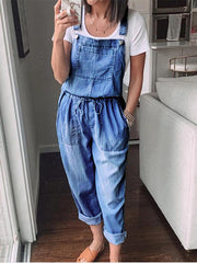 Simple Casual Drawstring Pocket Denim Jumpsuit