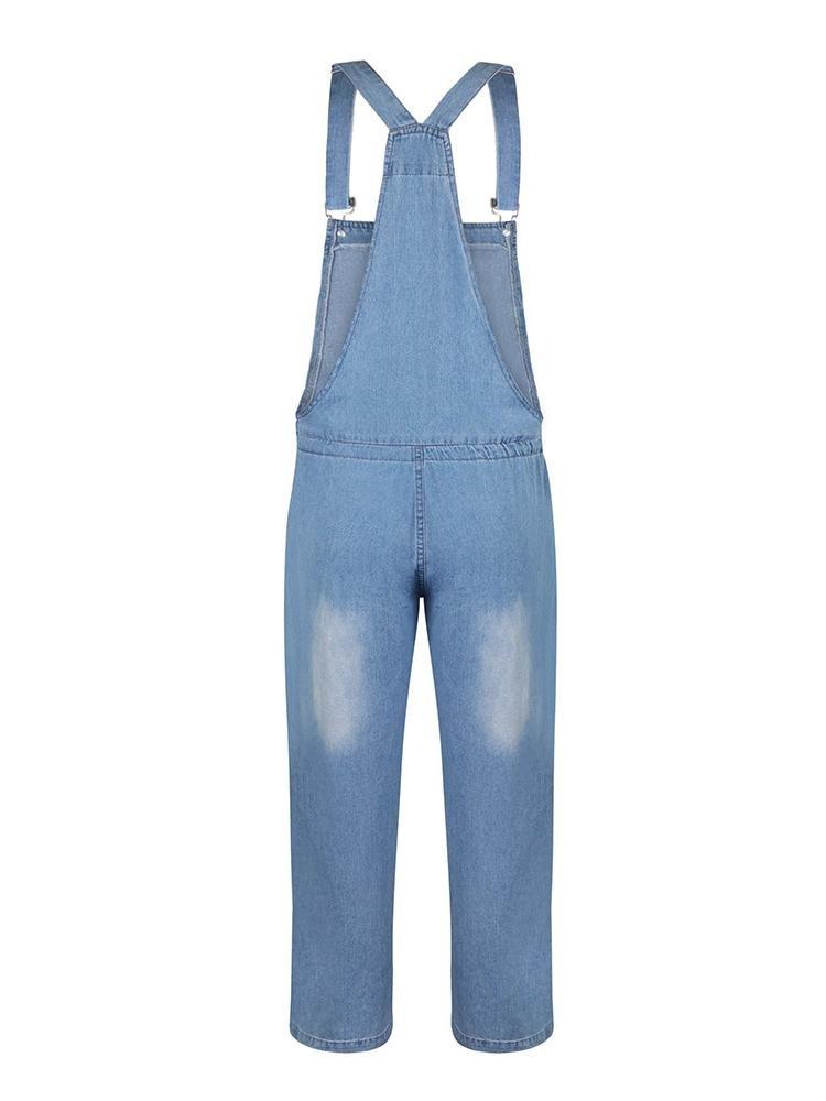 Simple Casual Drawstring Pocket Denim Jumpsuit