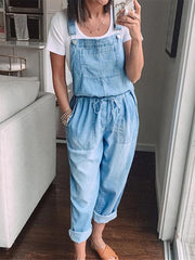 Simple Casual Drawstring Pocket Denim Jumpsuit