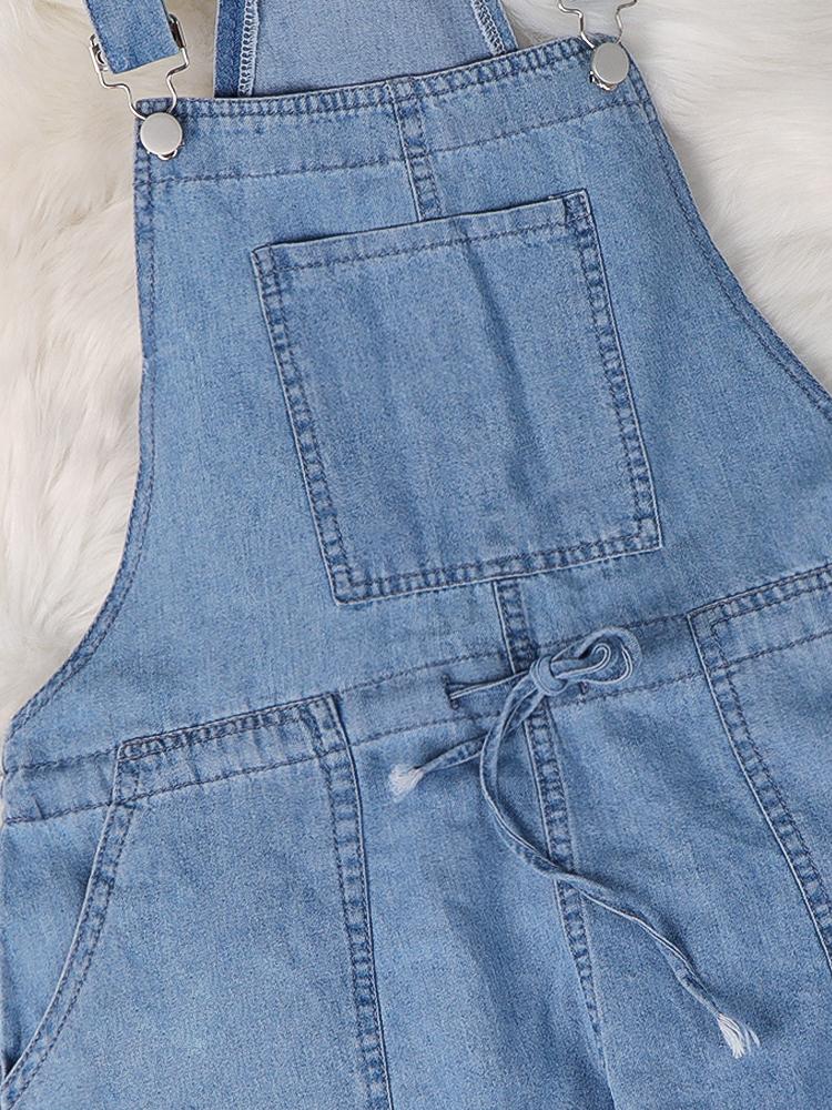 Simple Casual Drawstring Pocket Denim Jumpsuit