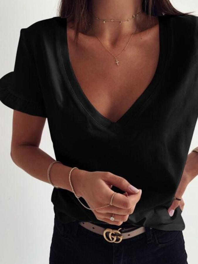 Simple Solid V-Neck Ruffle Short Sleeve T-Shirts