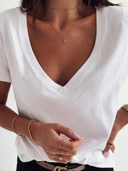 Simple Solid V-Neck Ruffle Short Sleeve T-Shirts