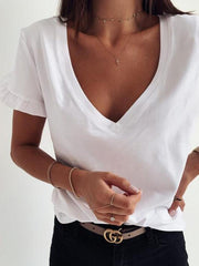 Simple Solid V-Neck Ruffle Short Sleeve T-Shirts