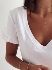 Simple Solid V-Neck Ruffle Short Sleeve T-Shirts