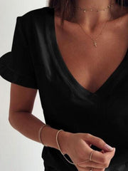 Simple Solid V-Neck Ruffle Short Sleeve T-Shirts