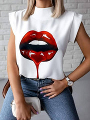 Simple Stand-up Collar Lip Print Blouse