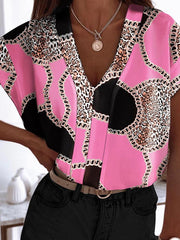 Simple V-Neck Short Sleeve Print Blouses