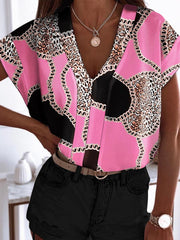 Simple V-Neck Short Sleeve Print Blouses
