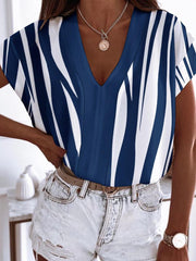 Simple V-Neck Short Sleeve Print Blouses