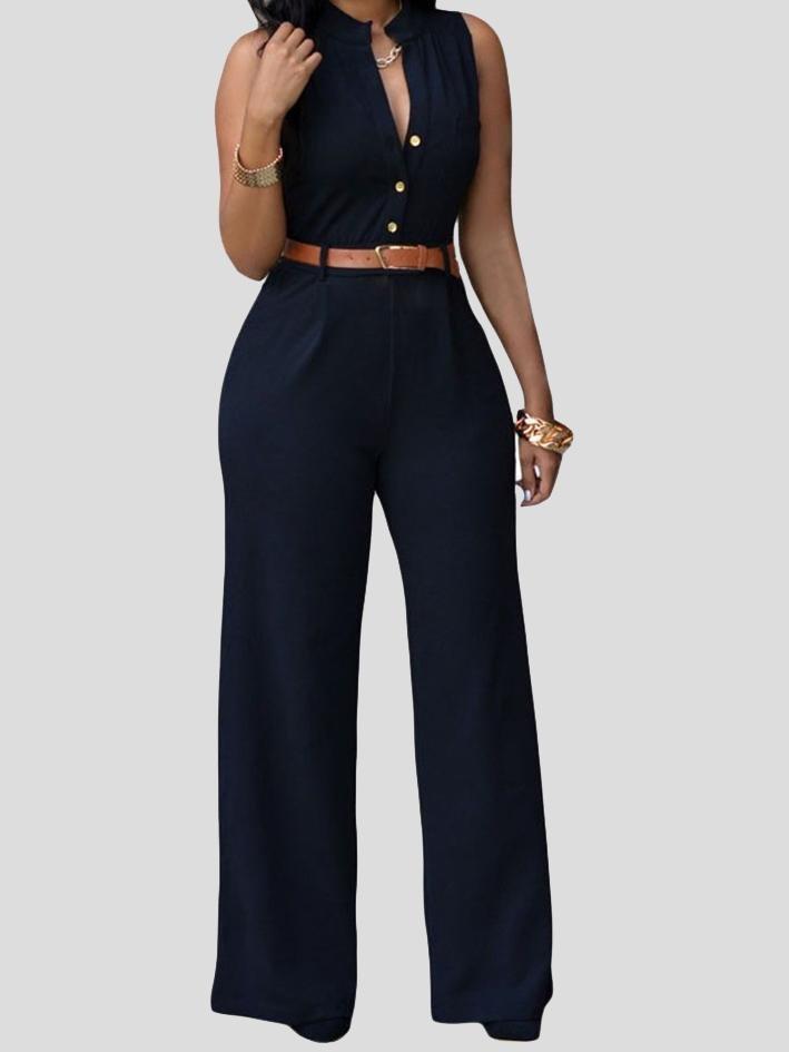 Single-Breasted High Waist Wide-Leg Jumpsuit With Belt