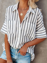 Single-breasted Loose Five-quarter Sleeves Striped Blouses